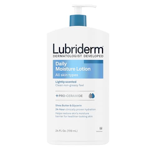 Lubriderm Daily Moisture Lotion + Pro-Ceramide, Shea Butter & Glycerin, Hydrating Face, Hand & Body Lotion, 24-hour Moisturizer for Dry Skin, Paraben & Dye Free, Scented, Non-Greasy, 24 FL OZ
