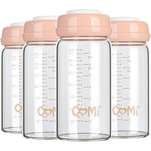 COMI Wide Neck Glass Breastmilk Collection n Storage Bottle, 8oz with Screw Ring Sealing Disk; Re-markable Sealing Disc. BPA Free, Fits Breast Pumps & Nipples (4 Pink Lids)