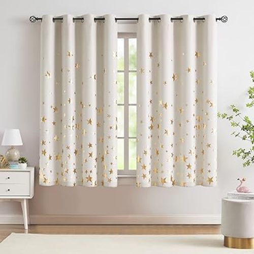 Star Ivory Blackout Curtains for Bedroom, Foil Gold Star Curtains for Girls Boys Kids Room Sparkling Thermal Insulated Blackout Drapes for Baby Nursry (W50 x L63, Set of 2, Gold Ivory)