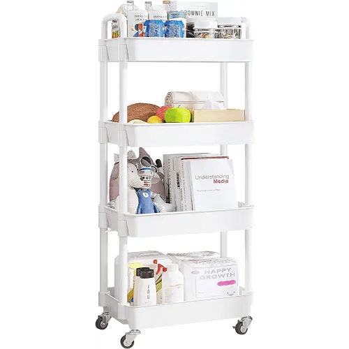 UDEAR 4-Tier Rolling Utility Cart with 12 Category Labels,Multifunctional Storage Shelves with Handle and Lockable Wheels for Room,Office,Kitchen,Bathroom,White