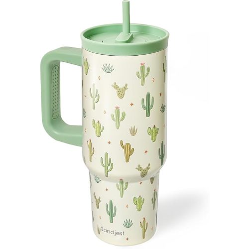 SANDJEST Cactus Stainless Steel Locking Lid Silicone Straw Tumbler with Handle 40oz, Insulated Stainless Steel Travel Cup for Women Girls Friends, Gift Idea for Birthday Christmas
