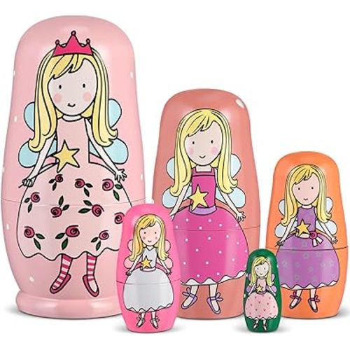 Gejoy Christmas Nesting Dolls Russian Matryoshka Wooden Handmade Nutcracker Nesting Dolls Collectible Gifts Toy Set for Adults Kids Home Decor(Fairy)