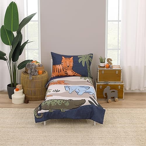 NoJo Carter's Jungle Navy, Tan, Blue, and Orange Oh Snap! It's Bedtime 4 Piece Toddler Bed Set - Comforter, Fitted Bottom Sheet, Flat Top Sheet, and Reversible Pillowcase