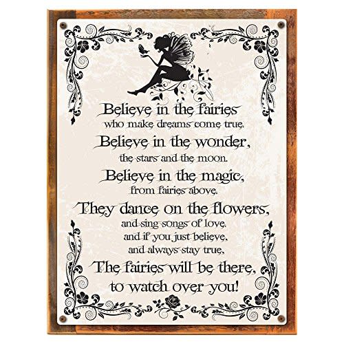 Wood-Framed Believe in the Fairies Metal Sign, Vintage Rules of Fairy Magic, Nursery or C... on reclaimed, rustic wood