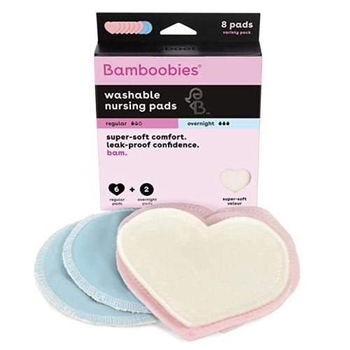 Bamboobies Women’s Nursing Pads, Reusable and Washable, Blue and Light Pink, 3 Regular Pairs and 1 Overnight Pairs, Leak-Proof Pads for Breastfeeding, 4 Pairs - 8 Pads - Blue + Pink