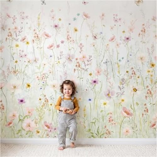 Girls Nursery Wall Murals : Watercolor Wildflower Wallpaper | Pastel Floral & Botanical Theme | Peel & Stick or Traditional | Baby, Toddler, Kids Bedroom Decor