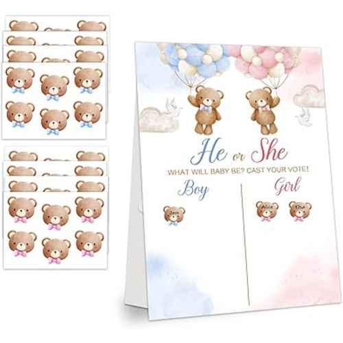 LNOKRIM Gender Reveal Party Games, Bear Theme Baby Gender Reveal Voting Board Sign, 48 Boy Girl Voting Stickers, He or She, Baby Gender Reveal Party Decorations Games for Boy or Girl Shower