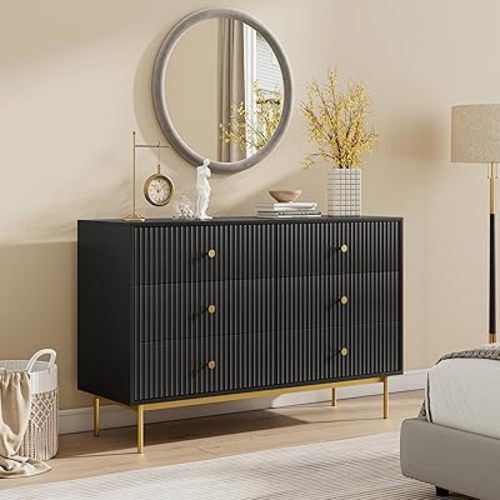 6 Drawer Double Dresser for Bedroom, Black Dresser with Gold Handles, Black 6 Drawer with Fluted Panels for Bedroom