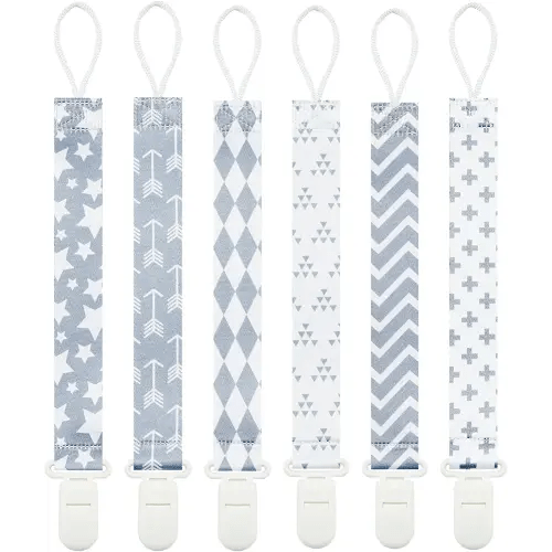 Neutral Grey Pacifier Clips, 6 Pack Pacifier Holder Clips for Boys and Girls Fits for Most Pacifiers Brands, Teether Toys and Gift(Arrow)
