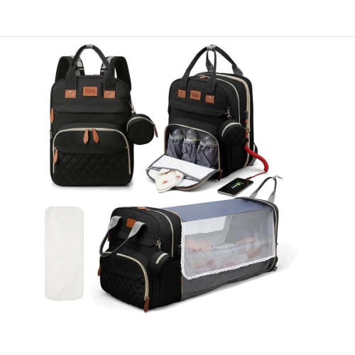 1lovebaby 3-in-1 Diaper Bag Backpack with Portable Changing Station & Mosquito Net - Black Type1 With Net