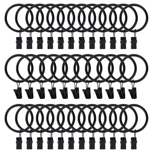 VEGCOO 35 Pcs Metal Curtain Clips Hooks, Black Shower Curtain Rings , Curtain Clips with Rings for Curtain Rods No Drilling, Shower Curtain Clips, for Living Room/Kitchen/Bedroom/Office Use(1In)