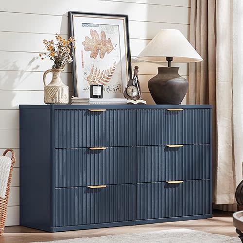 LEYAOYAO Fluted 6 Drawers Dresser for Bedroom, 48" Wide Modern Chest of Drawers with Metal Handle, Navy Blue Curved Profile Farmhouse Closet Organizer Wood Dressers TV Stand for Living Room, Hallway