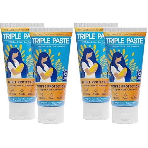 Triple Paste Diaper Rash Cream for Baby,3 Oz,Zinc Oxide Ointment Treats,Soothes & Prevents Diaper Rash,Pediatrician-Recommended & Hypoallergenic,Baby Essentials for Daily-& Overnight,(Pack of 4)
