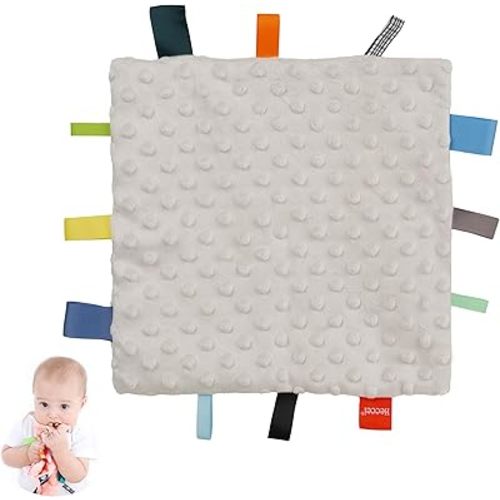 Baby Security Blanket with Colorful Satin Taggies, Plush Sensory Soothing Blanket 10 x 10 inches Square Appease for Babies Girls/Boys(Grey)