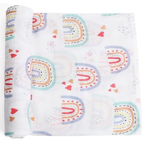 Muslin Swaddle Blanket - Soft Baby Wrap for Newborns, Boys and Girls - Large 47x47in (120x120cm) - Unisex Receiving Blanket - Silky, Breathable, and Neutral Design (Rainbow & Heart)