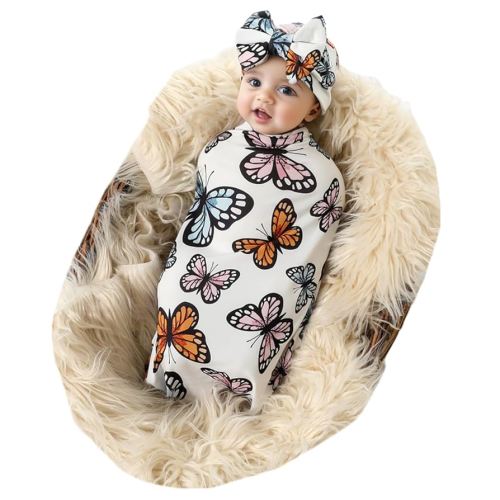 Galabloomer Receiving Blanket Headband Set Flower Print Baby Swaddle Blankets (Colorful Butterfly)