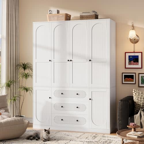 4 Doors Freestanding Armoire Wardrobe Closet, 72" White Wardrobe Armoire Wooden Closet Large Capacity Storage with 3 Drawers & 3 Hanging Rod Shelves Clothes Organizer