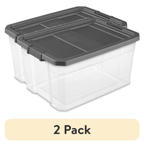 (2 pack) Sterilite 76 Quart Stacker Box, Durable Clear Plastic Storage Bin with Latch Lid, Dark Gray