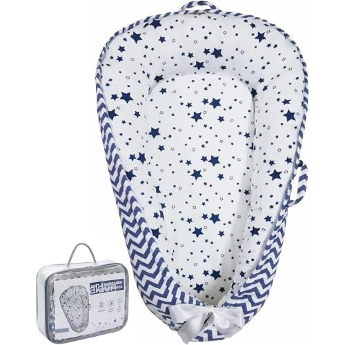 Baby Lounger | Organic Cotton Infant Lounger| Reversible, Adjustable & Portable Floor Lounger |Supervised Use | Soft, Breathable, Washable Cover - Star Collection (Blue)