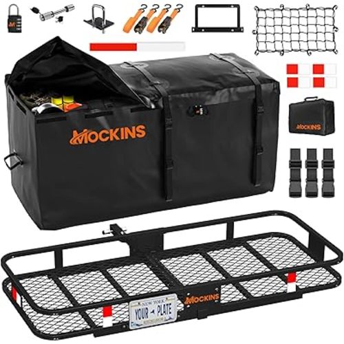 Mockins 60"x24"x6" Trailer Hitch Cargo Carrier & 25 CuFt Waterproof Cargo Bag | 500 Lbs. Capacity Folding Luggage Rack for SUV Car & Truck w/Built-in License Plate Bracket & Hitch Rack Accessories