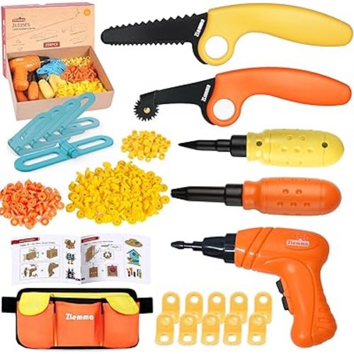 Kids Cardboard Construction Tool Set with Electric Drill & Tool Belt -258PCS, STEM Building Kit for Creative Craft Projects, Educational DIY Engineering Toy for Boys & Girls