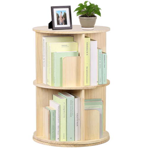 SuperDeal 360° Freely Rotating Bookshelf 2-Tier Round Corner Bookshelf Wood Storage Rack Floor Standing Bookcase, Natural Wood