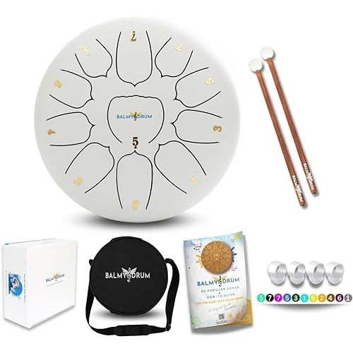 The Balmy Drum - 11 Note 10 Inch Steel Tongue Drum, Steel Drum Instrument, Drums For Children and Adults, Balmy Drum Set for Kids with Music Book, Handpan, Mallet and Carry Bag (White)