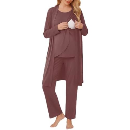 Ekouaer Maternity Nursing Robe Set 3 Pieces Sleeveless Top, Pregnancy Pants & Robe Double Layer Pajamas S-XXL