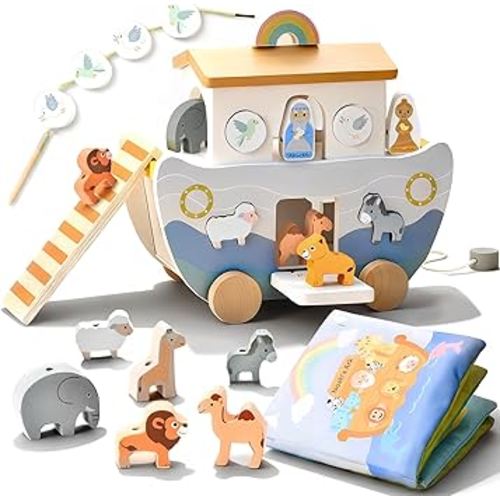 Wooden Noah's Ark Pull Along Toy with Bible Story Cloth Book - Montessori Sorting Set for Toddlers - Religious Baptism Gift for Boys & Girls -Christian Preschool Learning Toy for Kids