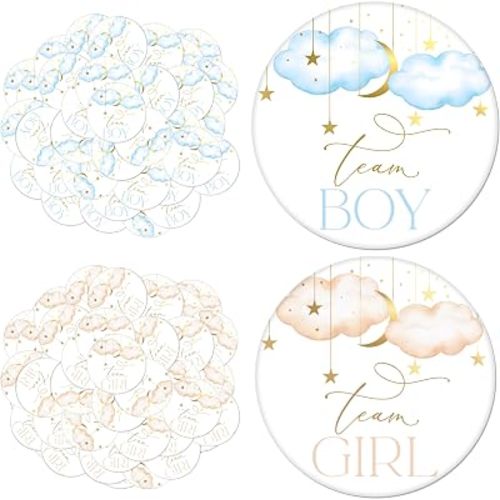 50 Pcs Moon Stars Gender Reveal Badges Button Pins Twinkle Twinkle Little Star Team Boy or Girl Pins He or She Gender Reveal Decorations Pin Badge for Baby Shower Party Favor Game Supplies, 1.7 In (50, Moon Stars)