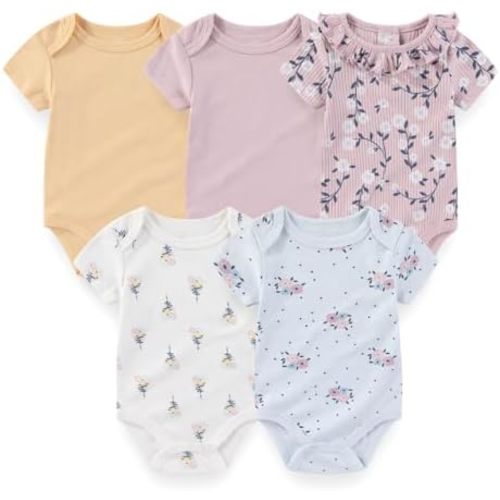 Newborn Baby Unisex Cotton One-Piece Bodysuits 5-Pack Short Sleeve Soft Baby Gift Clothes for Boys Girls