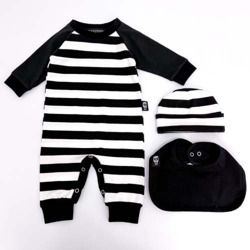 NOT SO BASIC BLACK & WHITE STRIPE FOOTLESS ROMPER HAT & BIB SET – Skeletots