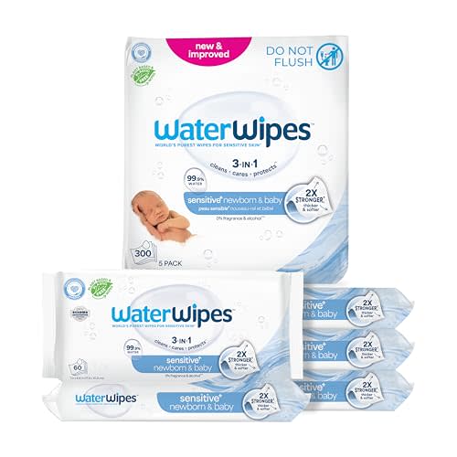WaterWipes Sensitive+ Newborn & Baby Wipes, 3-In-1 Cleans, Cares, Protects, 99.9% Water, Unscented & Hypoallergenic, 300 Count (5 Packs)