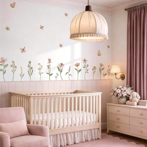 Peel and Stick Wainscoting Wallpaper Kit for Pink Nursery – Renter-Friendly Textured Canvas Wall Decor for Baby Girl Room with Watercolor Floral Decals (2 Panels)