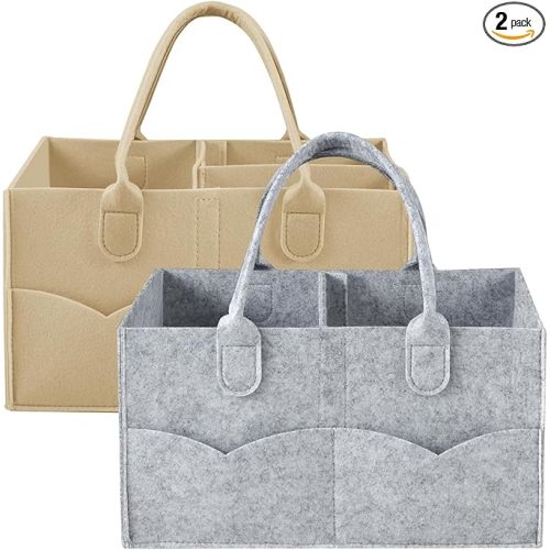 PandaEar 2 Pack Baby Diaper Caddy Organizer, Portable Diaper Holder Nursery Storage Basket for Wipes & baby stuff, Collapsible Baby Organizers with Divided Design (Grey/Brown)