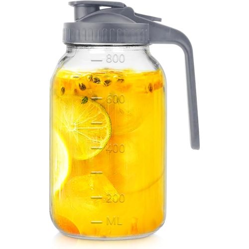 32 oz Glass Pitcher with Lid, 1 Quart Breastmilk Pitcher Double Leak Proof, Wide Mouth Jar with Flip Cap Lid, Heavy Duty Container for Water, Juice, Milk, Tea, Iced Coffee, and Drinks（Grey）
