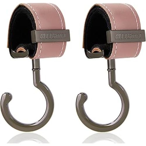 2 Pack Stroller Hooks,Strong Synthetic Leather Hook-and-Loop Fastener&High-Quality Metal Hooks,Universal Bag Clip|360° Rotation, 66lb Capacity,Non-Slip-Fits Wheelchair(Pink-Silver Gray)