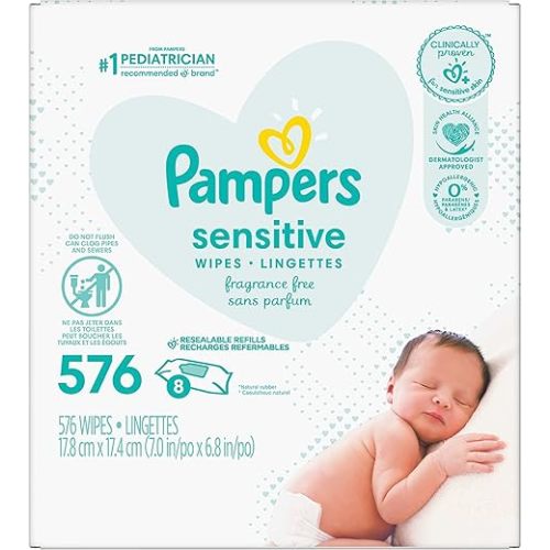 Pampers Sensitive Baby Wipes, Water Based, Hypoallergenic and Unscented, 18 Flip-Top Packs (1008 Wipes Total) [Packaging May Vary]
