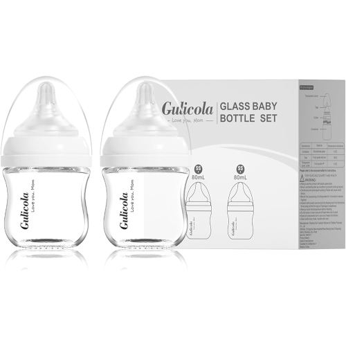 Small Glass Baby Bottle for Newborn Breastfeeding Babies, Preemie & Extra Slow Flow Nipples (SS), Anti-Colic, Breast-Like, 0 Months+, 3 oz, 2 Pack - White