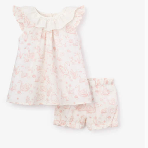 Swan Toile Swiss Dot Dress + Bloomer – Elegant Baby