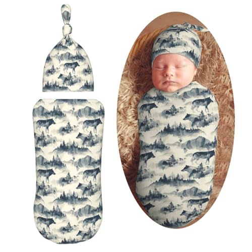 Muishi Wolf and Mountain Newborn Swaddle Blankets Hat Sets Soft Baby Receiving Blanket Swaddle Sack for Baby Shower Infant Boy Girl Gift