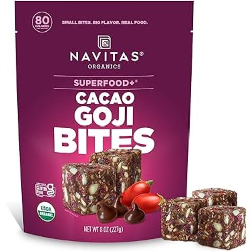 Navitas Organics Cacao Goji Superfood+ BITES – Power Snacks – All Natural Plant Based – Clean Energy & Nutrition – USDA Organic, Non GMO, Gluten Free, Soy Free, Kosher, Vegan (8oz. Bag 11 Servings)