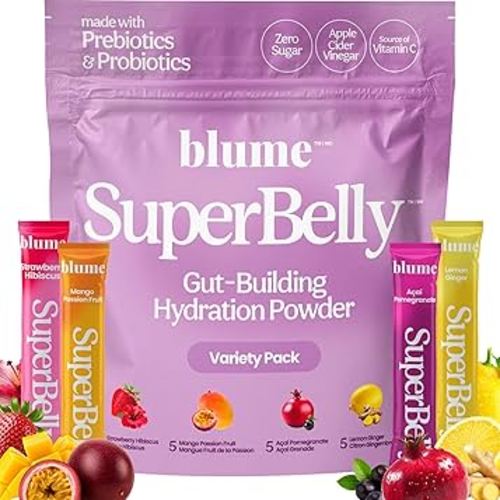 Blume SuperBelly Gut Health and Hydration Variety Mix Packets, Sugar Free, GLP1 Friendly, with Prebiotics, Probiotics, Apple Cider Vinegar, Vitamin C, and Clean Natural Electrolytes, 20 Powder Sticks