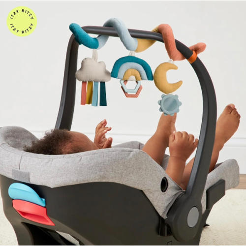 Itzy Ritzy Spiral Car Seat & Stroller Activity Toy - Stroller & Car Seat Toys for Ages 0 Months and Up - Hanging Toys Include Clinking Rings, Mirror and Textured Ribbons (Rainbow)