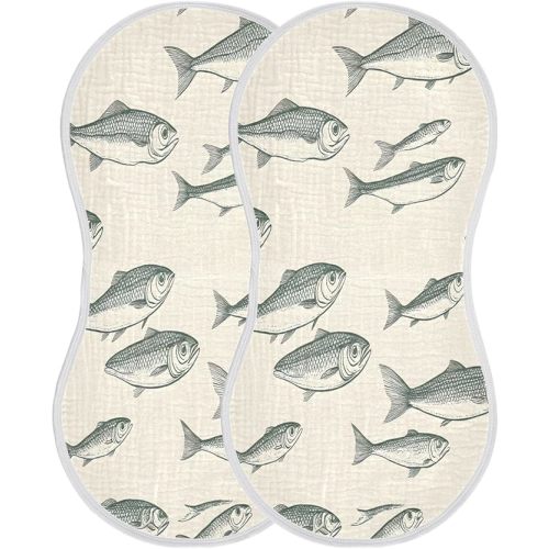 Muslin Baby Burp Cloths Set of 2 -Fish Super Absorbent Cotton Burping Rags Soft Baby Washcloths for Newborn Boys Girls, 11 x 22 Inch