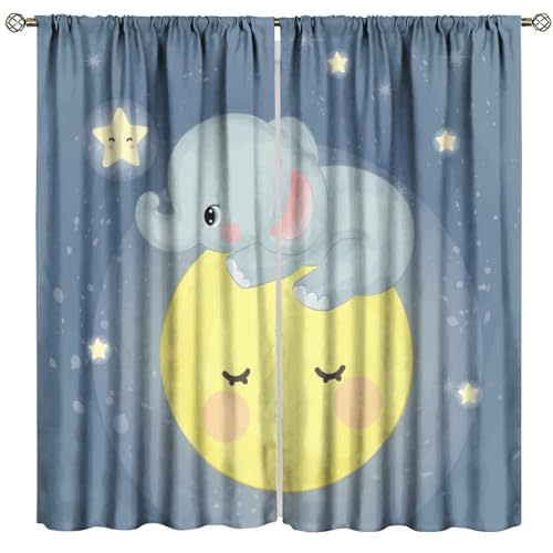 Cartoon Elephant Curtains Cute Nursery Baby Elephant Sleeping on The Moon Pattern for Kids Room Decoration Print Decor Rod Pocket Window Drapes for Bedroom Living Room 42x45in