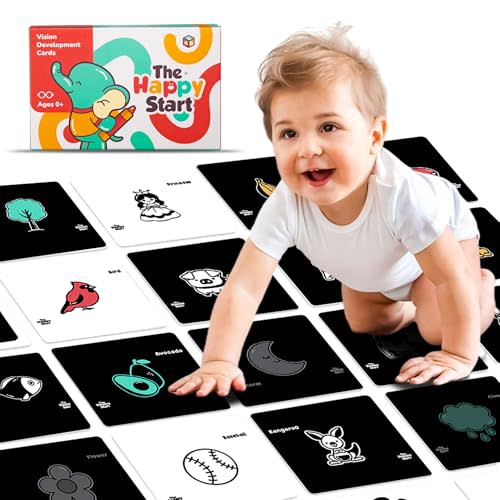 Happy Start High Contrast Baby Cards for Newborns - Black & White Cards, Water-Resistant, BPA-Free, Portable Educational Flashcards for Visual Stimulation, Award-Winning, Ages 0+ (English)