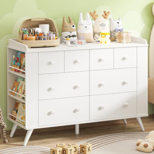 Vabches Kids Dresser Cabinet with 8 Drawers, Changing Table for Nursery, White Chest of Drawers with Open Shelving, Baby Dresser, Kids Bedroom Furniture, Nightstand for Child' s Room, White