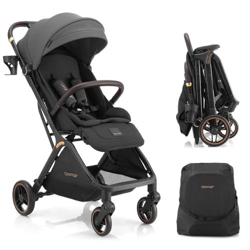Gravity Folding Baby Stroller - Portable Travel Toddler Stroller w/Adjustable Backrest, Canopy & Cup Holder, Lightweight and UV Protected, One-Hand Automatic Folding - Dark Gray