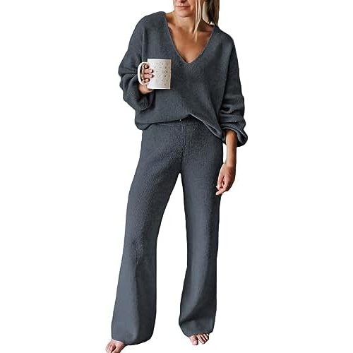 AOHITE Womens 2 Piece Outfits Casual V-neck Knit Pullover Sweater Wide Leg Pants Sweatsuit Lounge Set